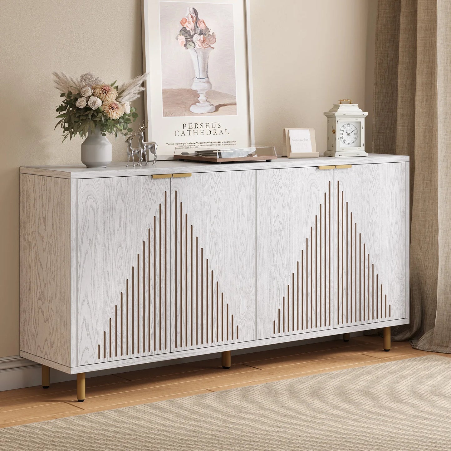 59" Modern Sideboard Buffet Cabinet with Storage,Linear Design Coffee Bar Cabinet with 4 Doors and Adjustable Shelves