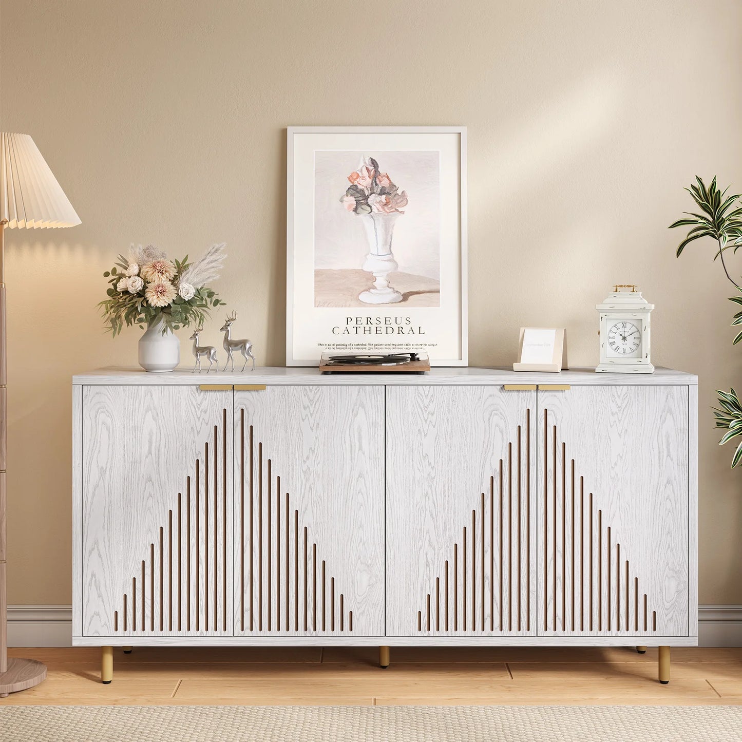 59" Modern Sideboard Buffet Cabinet with Storage,Linear Design Coffee Bar Cabinet with 4 Doors and Adjustable Shelves