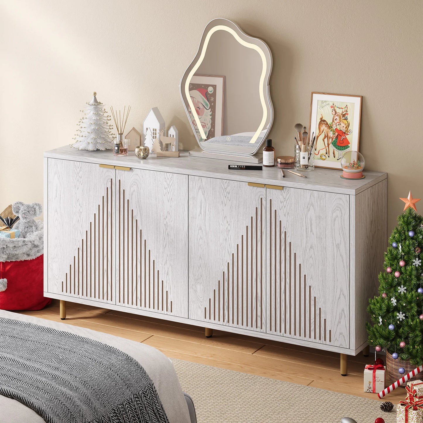 59" Modern Sideboard Buffet Cabinet with Storage,Linear Design Coffee Bar Cabinet with 4 Doors and Adjustable Shelves