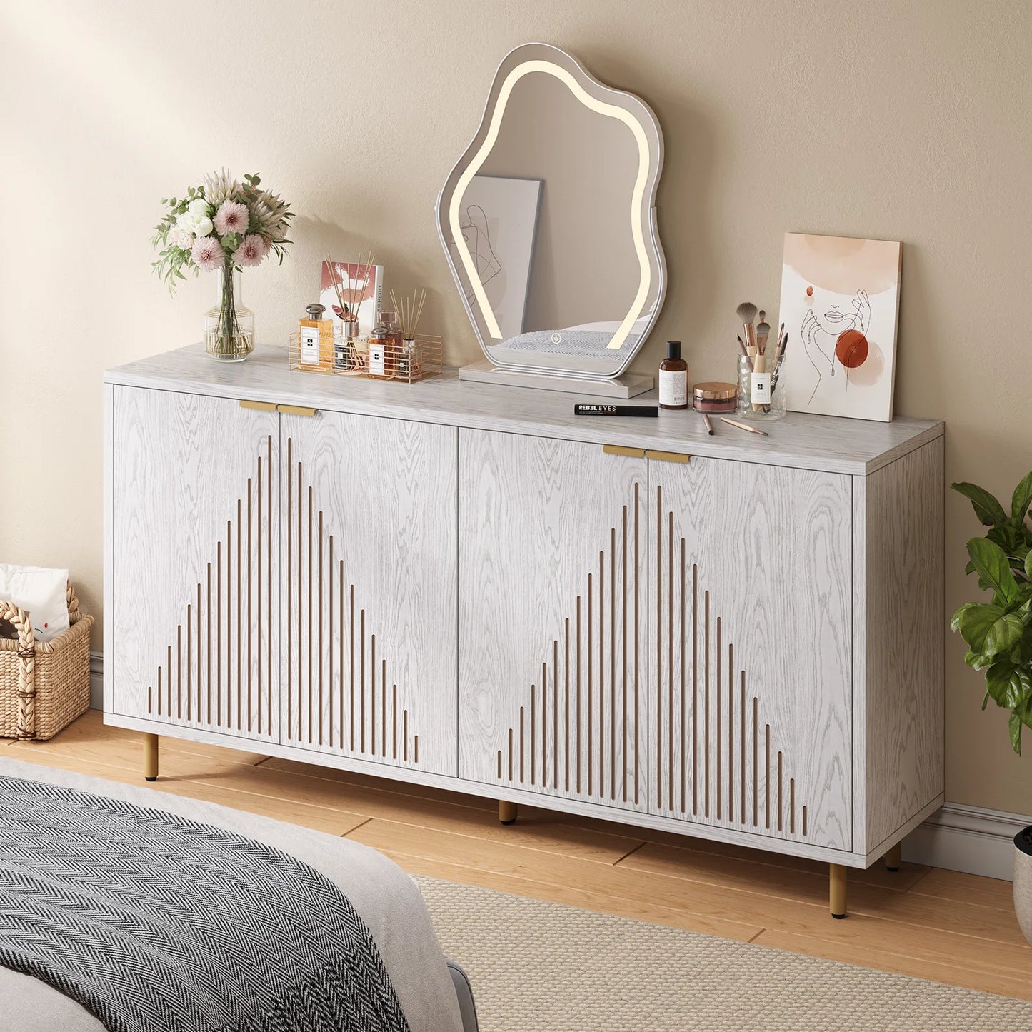 59" Modern Sideboard Buffet Cabinet with Storage,Linear Design Coffee Bar Cabinet with 4 Doors and Adjustable Shelves