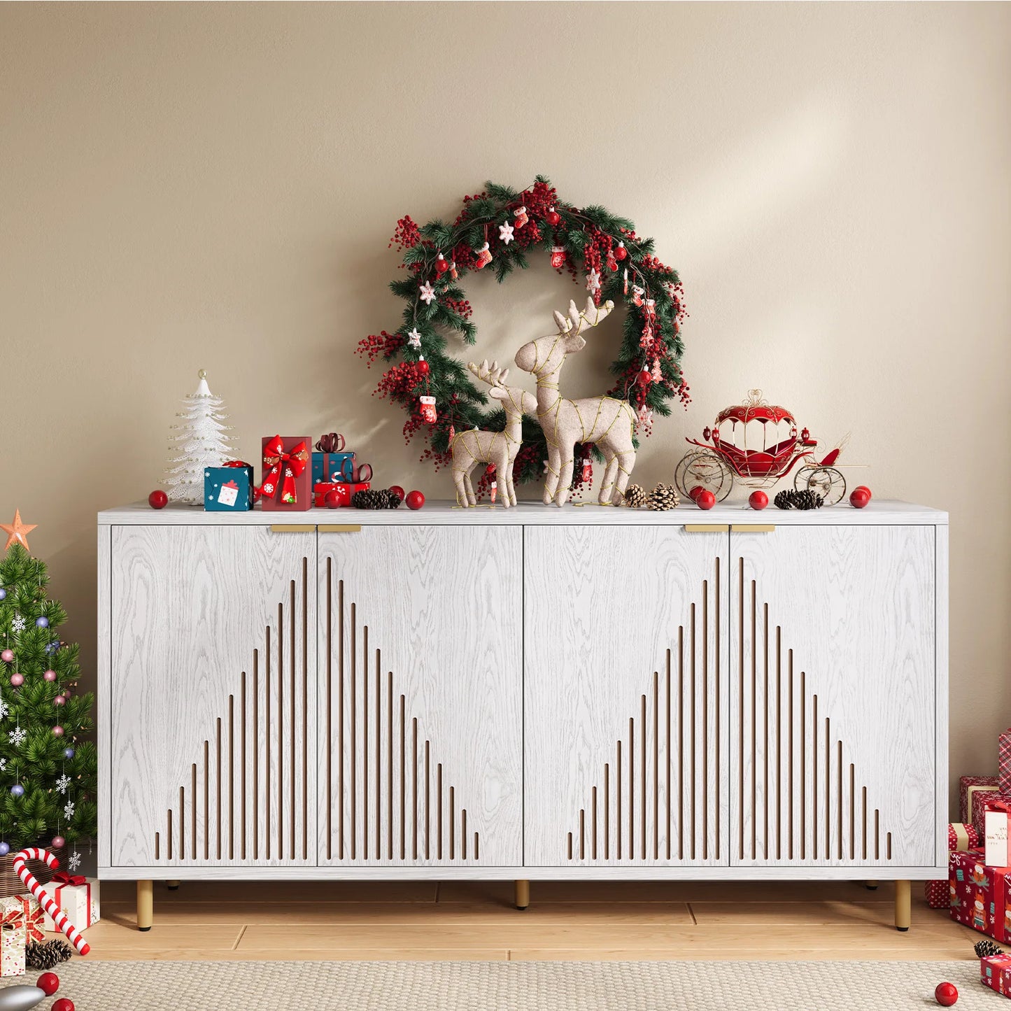 59" Modern Sideboard Buffet Cabinet with Storage,Linear Design Coffee Bar Cabinet with 4 Doors and Adjustable Shelves
