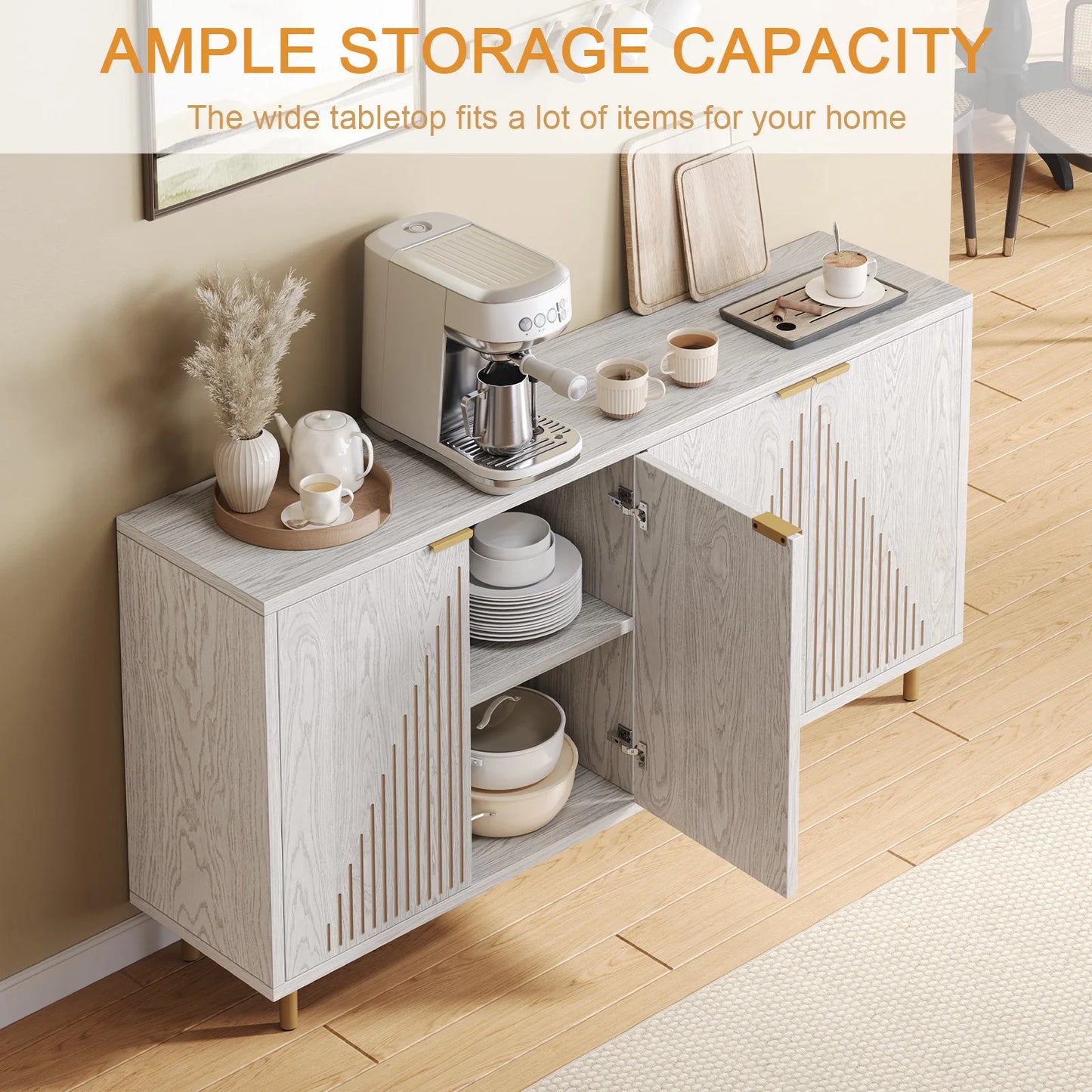 59" Modern Sideboard Buffet Cabinet with Storage,Linear Design Coffee Bar Cabinet with 4 Doors and Adjustable Shelves