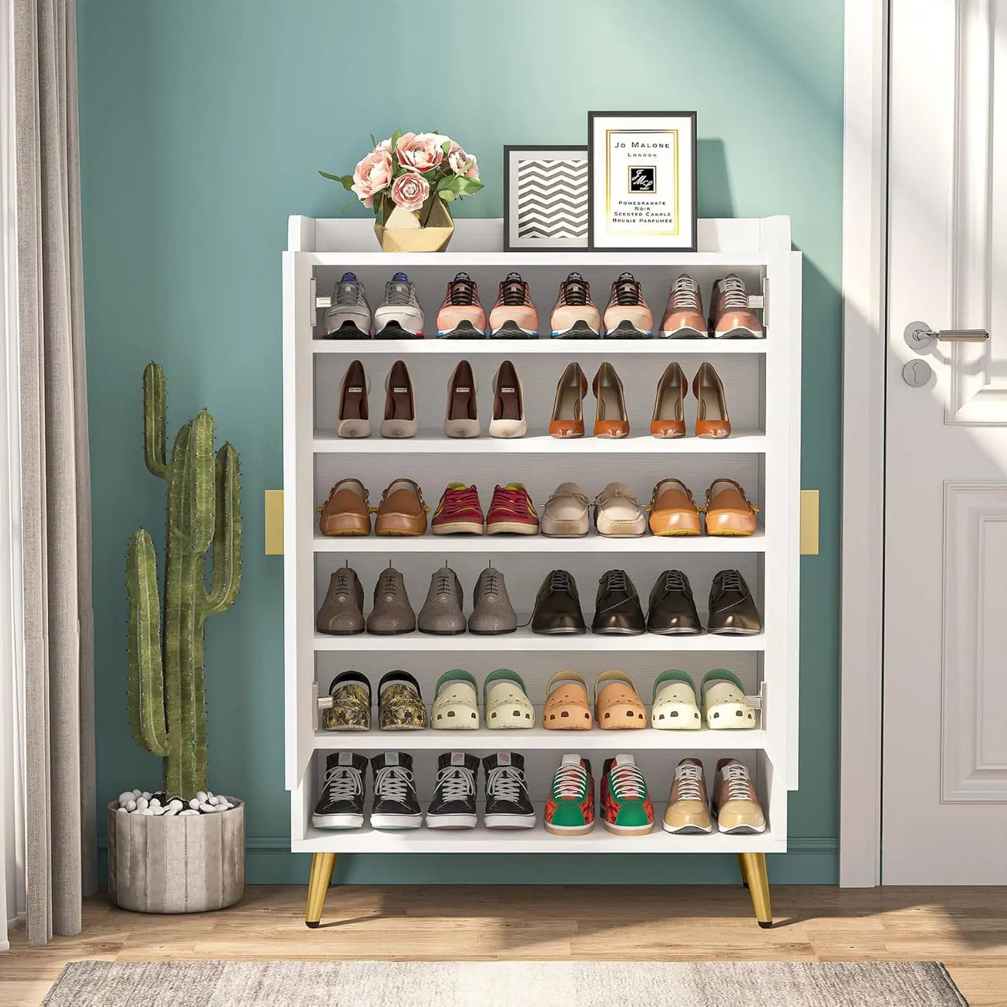 Shoe Cabinet with Doors, 6-Tier Shoe Storage Unit with Adjustable Shelves, Wooden Shoes Rack Shoe Storage Organizer for Entry