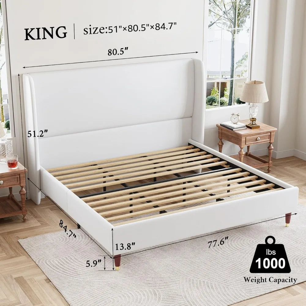 Bed Frame Upholstered Bed Frame and Wingback Headboard/Wood Slat Support/No Box Spring Needed/Easy Assembly