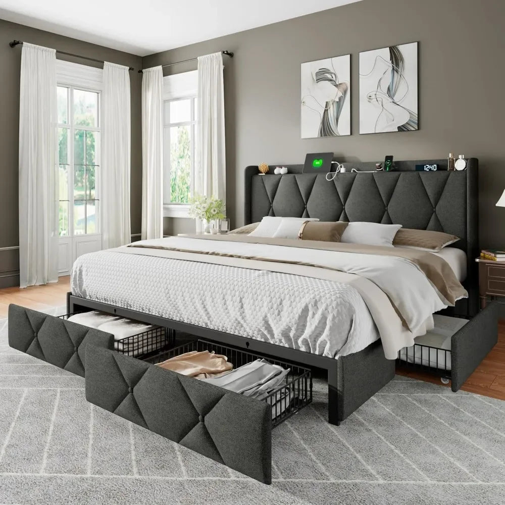 King Bed Frame with 4 Storage Drawers, Upholstered Button Tufted Storage Headboard with Fast Charging Station