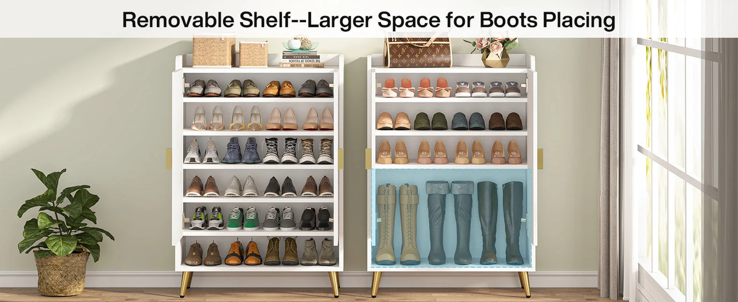 Shoe Cabinet with Doors, 6-Tier Shoe Storage Unit with Adjustable Shelves, Wooden Shoes Rack Shoe Storage Organizer for Entry