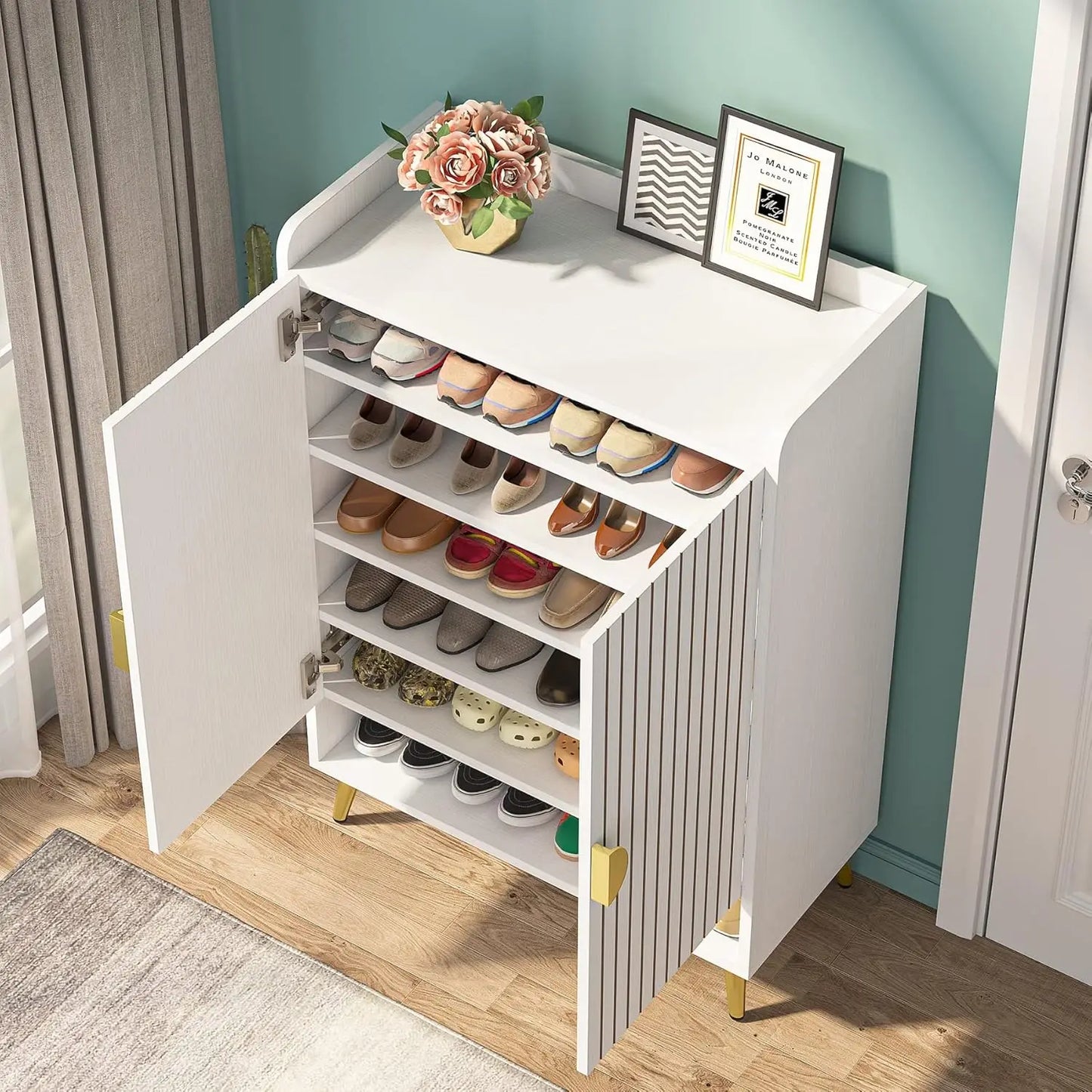 Shoe Cabinet with Doors, 6-Tier Shoe Storage Unit with Adjustable Shelves, Wooden Shoes Rack Shoe Storage Organizer for Entry