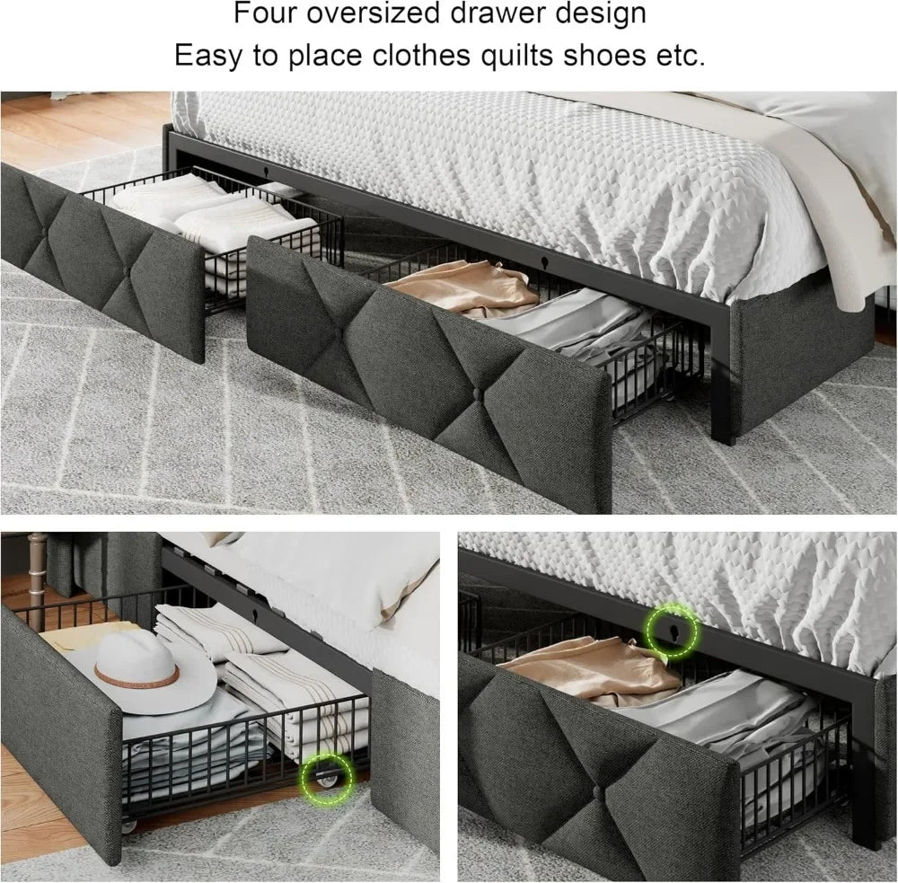 King Bed Frame with 4 Storage Drawers, Upholstered Button Tufted Storage Headboard with Fast Charging Station