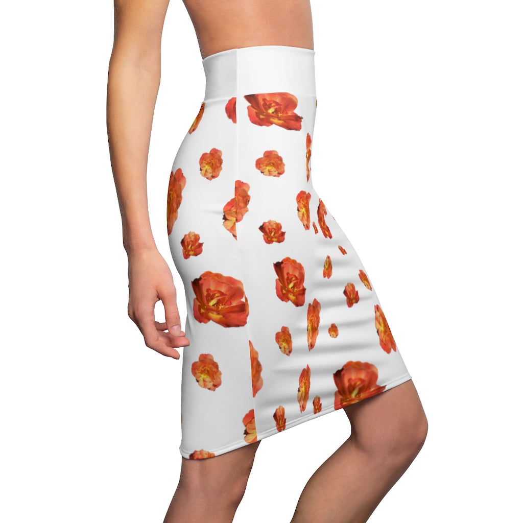 Roses Women's Pencil Skirt - white