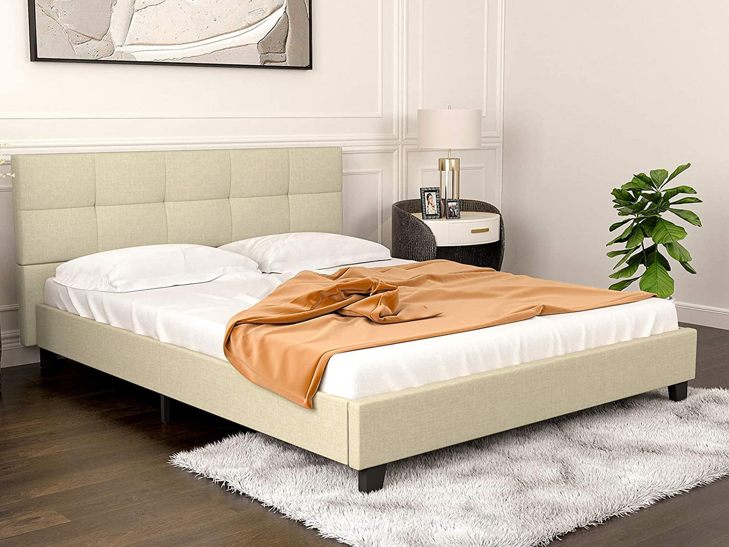 Upholstered Linen Queen Platform Bed W/Tufted Square Stitched Fabric - 7 DAY SHIPPING TIME