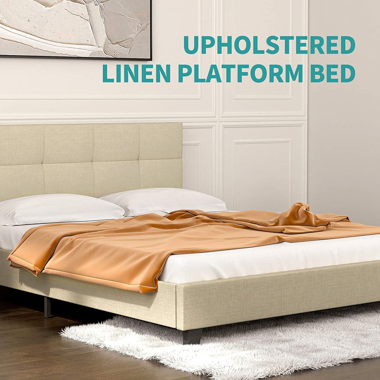 Upholstered Linen Queen Platform Bed W/Tufted Square Stitched Fabric - 7 DAY SHIPPING TIME