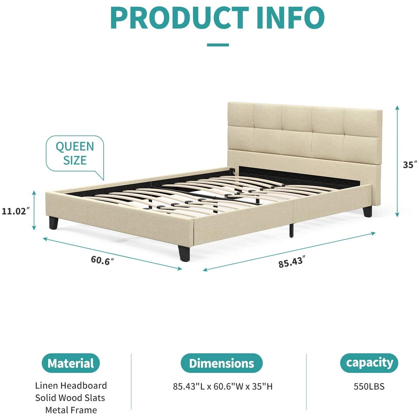 Upholstered Linen Queen Platform Bed W/Tufted Square Stitched Fabric - 7 DAY SHIPPING TIME