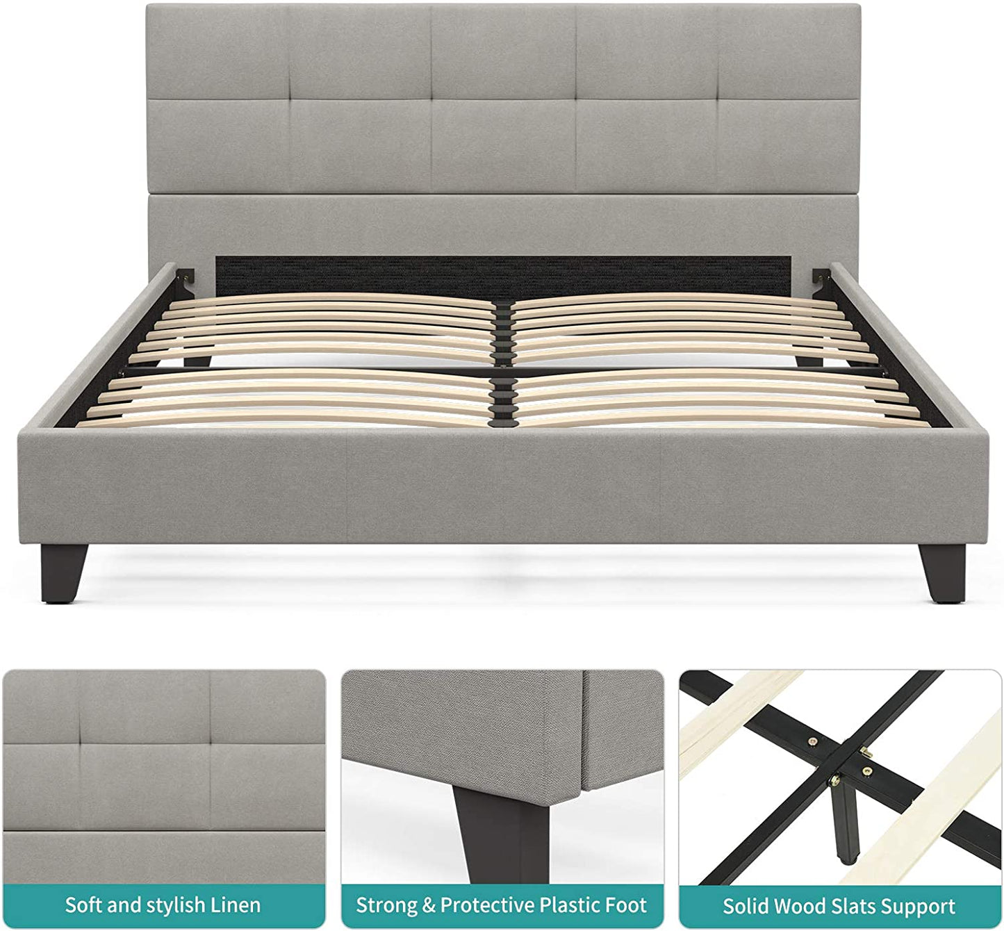 Upholstered Linen Queen Platform Bed W/Tufted Square Stitched Fabric - 7 DAY SHIPPING TIME