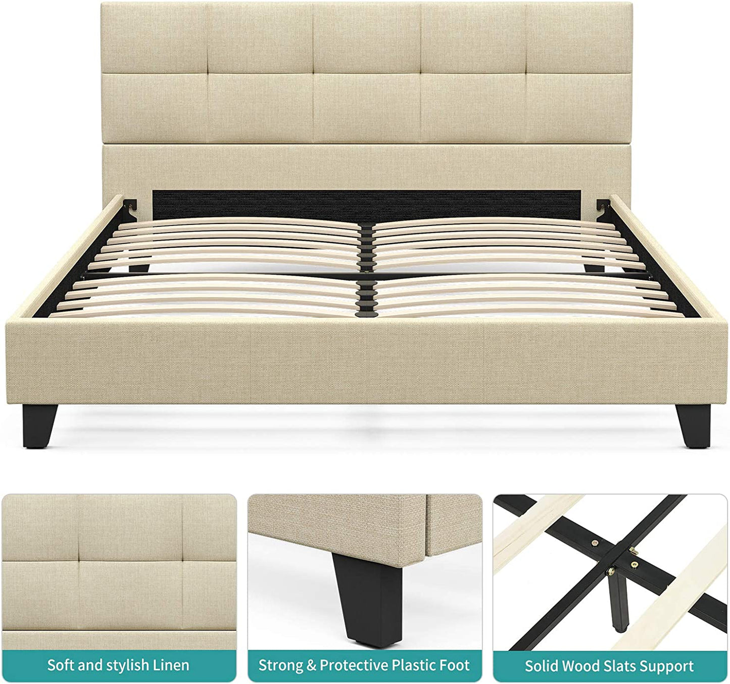 Upholstered Linen Queen Platform Bed W/Tufted Square Stitched Fabric - 7 DAY SHIPPING TIME