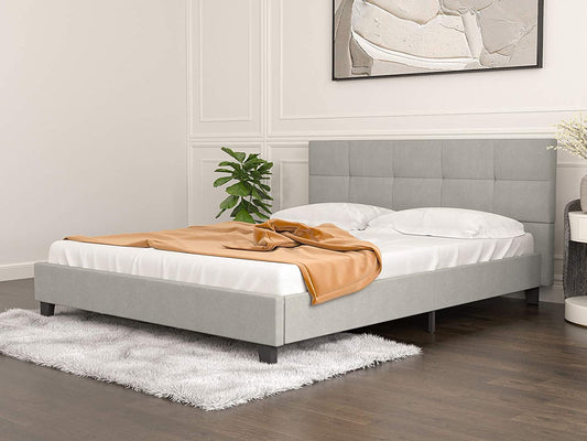 Upholstered Linen Queen Platform Bed W/Tufted Square Stitched Fabric - 7 DAY SHIPPING TIME