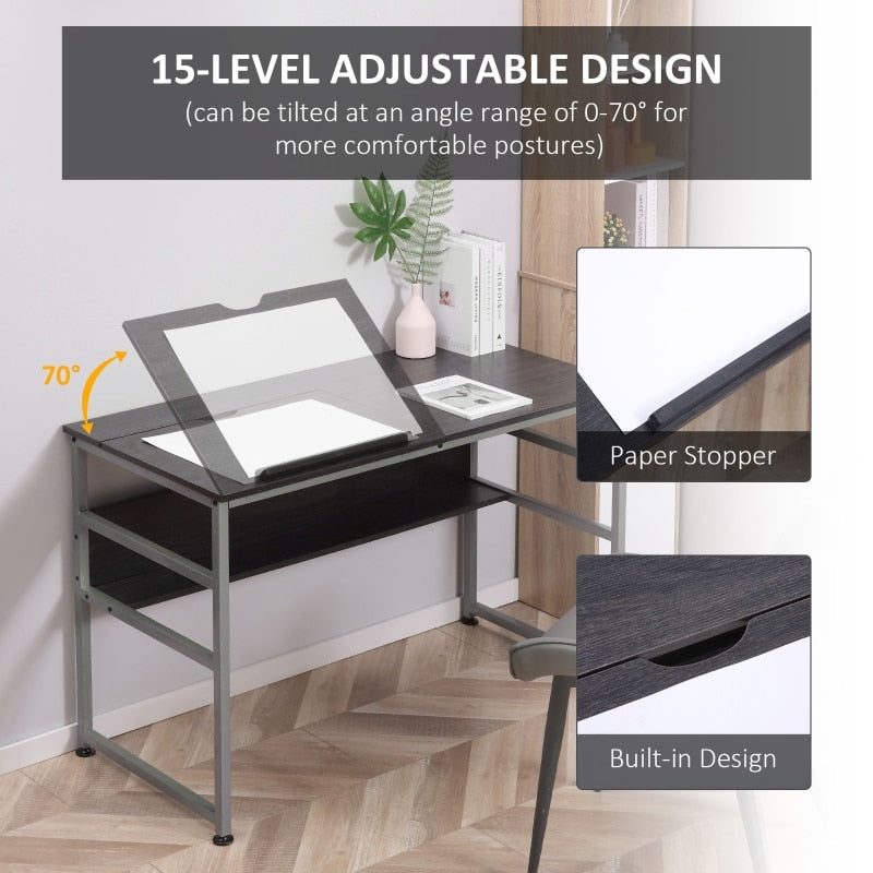 Drafting Table, Adjustable Drawing Desk, Multifunctional Writing Desk with 15-Level Tiltable Tabletop and Storage Shelf for Home