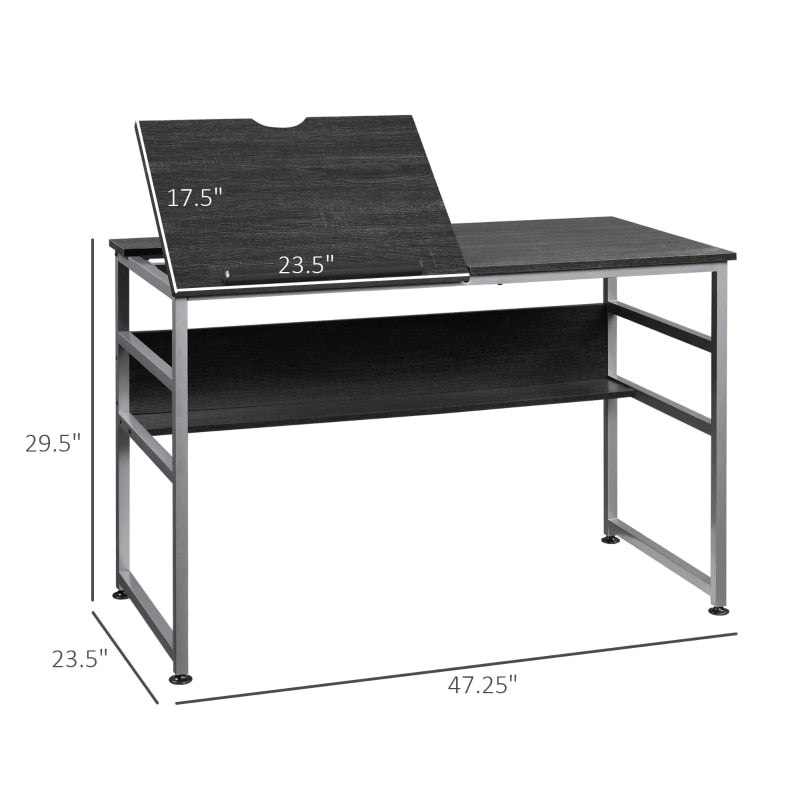 Drafting Table, Adjustable Drawing Desk, Multifunctional Writing Desk with 15-Level Tiltable Tabletop and Storage Shelf for Home