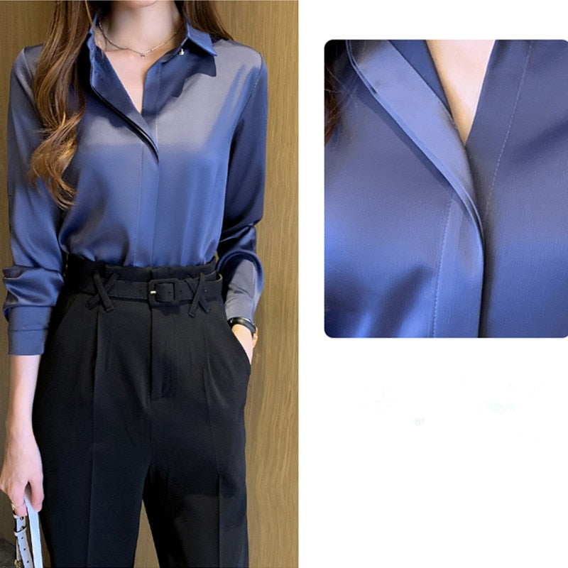 Satin Silk Blouses Shirts Women's Shirts Fashion Office Ladies