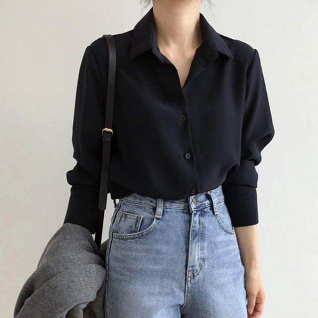 Summer New Arrival Women Solid Black Chiffon Blouse Long Sleeve
