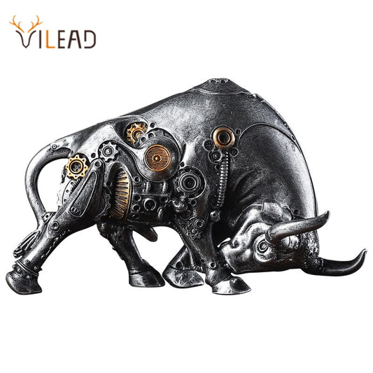 VILEAD Mechanical Style Bull Statue Resin Animal Figurines Decor Living Room Cattle Sculpture Office Decoration Accessories