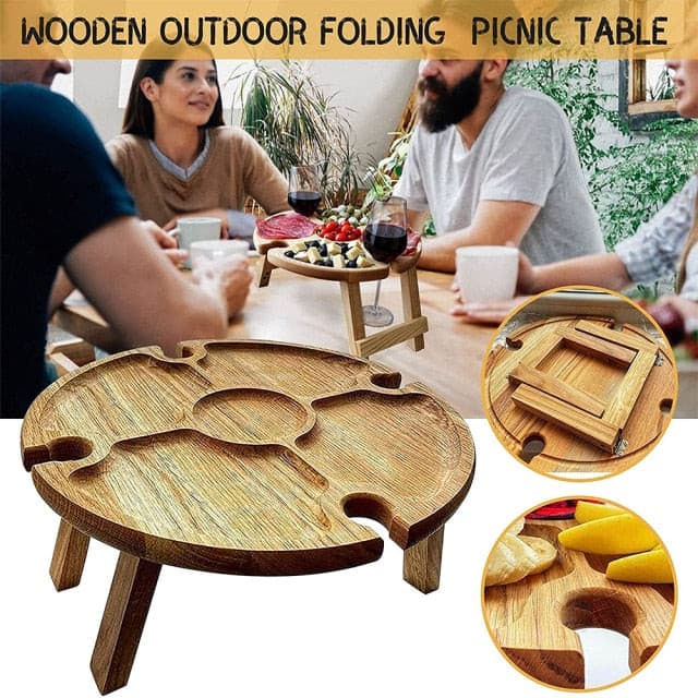 Wooden Outdoor Folding Picnic Table With Glass Holder Round Foldable Desk Wine Glass Rack Collapsible Table for Garden Party