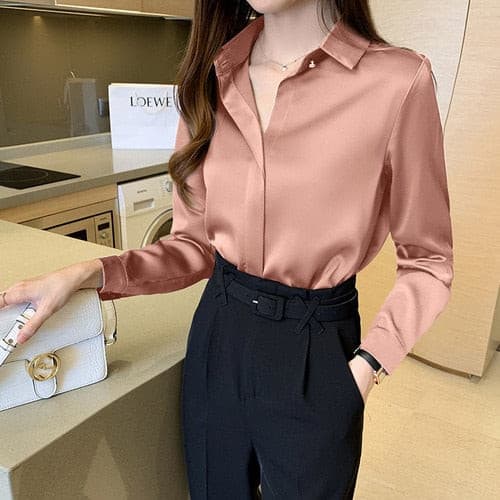 Tシャツ・カットソー PLAIN White Long Sleeves Blouse in Silk Woman Chigant White Blouses Long Sleeve Silk Shirt Satin Tie Neck