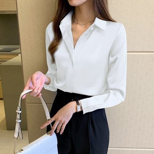 Silk Shirts Women White Shirt Women Long Sleeve Shirts Blouse Office Lady Satin Silk Blouse Tops White Woman Basic 3XL Shirt Top