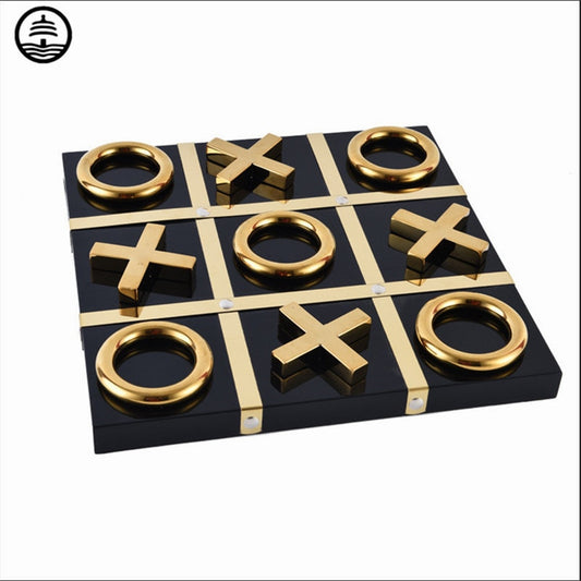 Desktop Decor Hand Stainless Steel Made Wooden Craft X O Chessboard Luxury Tic Tac Toe Chess Board Game Handicraft Art European