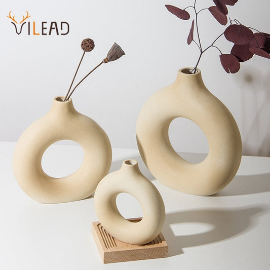 VILEAD Nordic Circular Hollow Ceramic Vase Donuts Flower Pot Home Decoration Accessories Office Desk Living Room Interior Decor