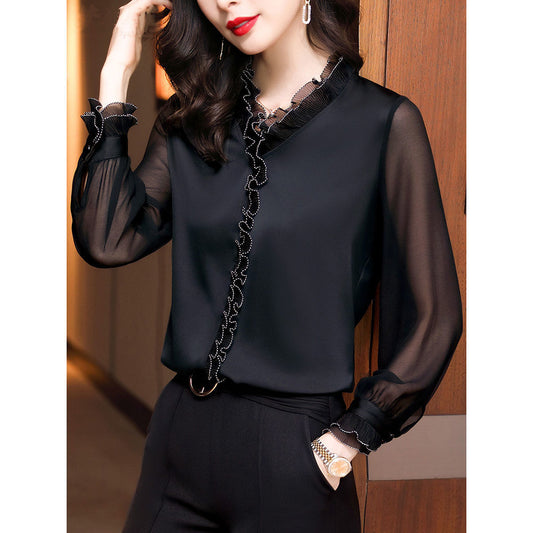 Lace Ruffles Chiffon Shirts Women's Clothing 2021 Autumn Winter New Office Lady Long Sleeve Pullovers Vintage Elegant Blouse 4XL